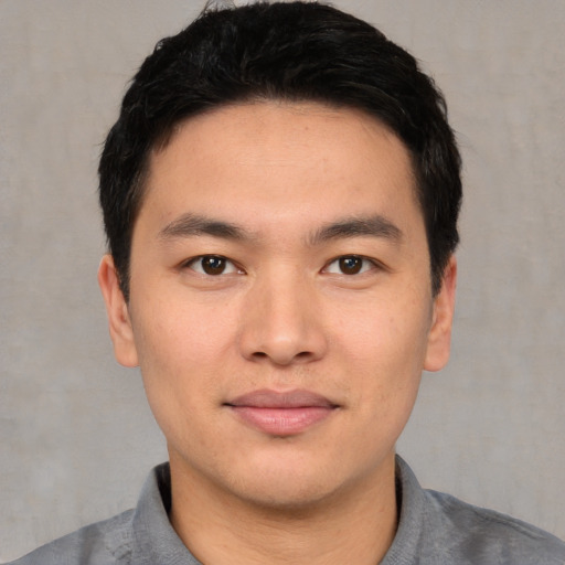 Neutral asian young-adult male with short  black hair and brown eyes