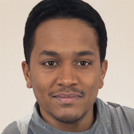 Joyful black young-adult male with short  black hair and brown eyes