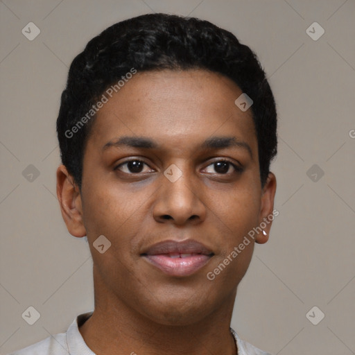 Joyful black young-adult female with short  black hair and brown eyes