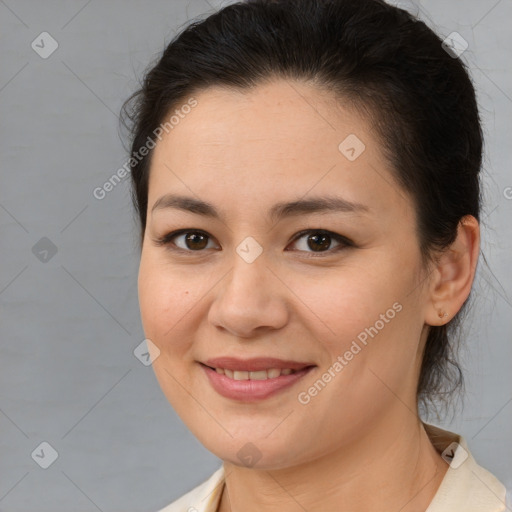 Joyful white young-adult female with medium  brown hair and brown eyes