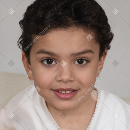 Joyful white child female with short  brown hair and brown eyes