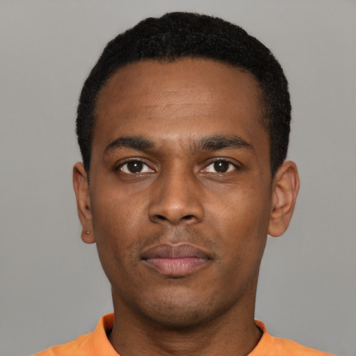 Neutral black young-adult male with short  black hair and brown eyes