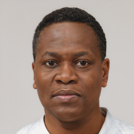 Neutral black adult male with short  black hair and brown eyes