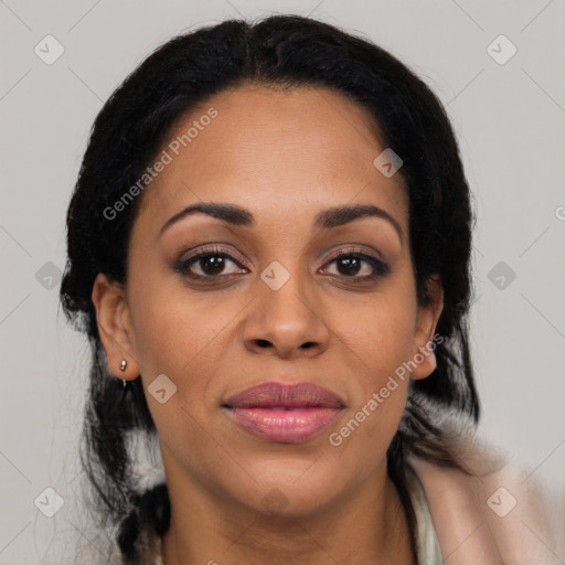 Joyful black young-adult female with medium  brown hair and brown eyes