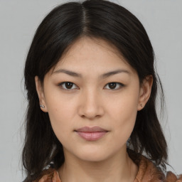 Neutral asian young-adult female with medium  brown hair and brown eyes