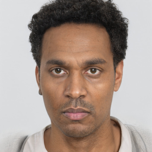 Neutral black young-adult male with short  black hair and brown eyes