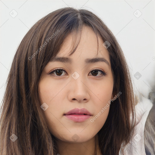 Neutral asian young-adult female with long  brown hair and brown eyes