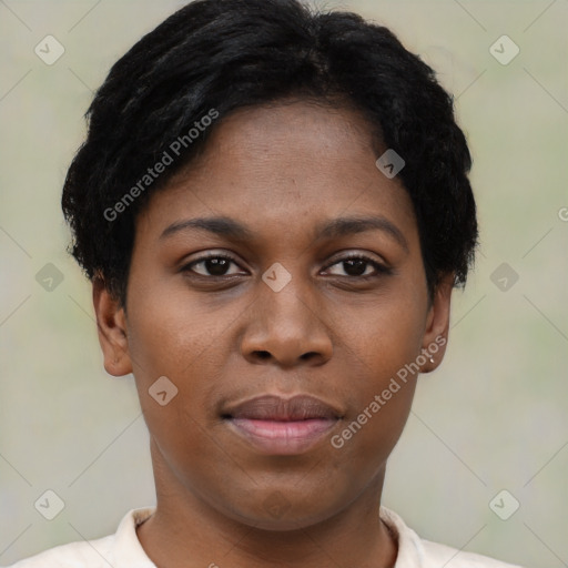 Neutral black young-adult female with short  black hair and brown eyes