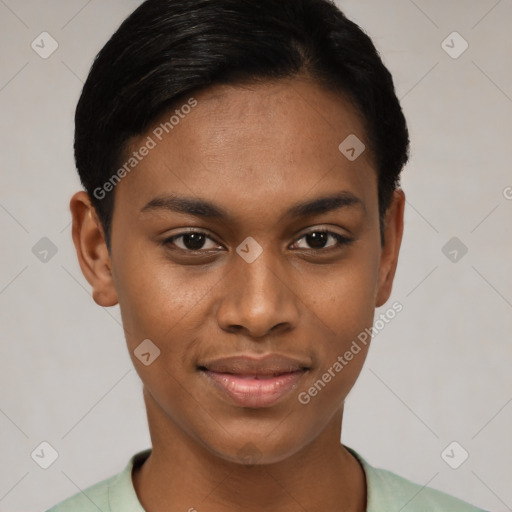 Joyful latino young-adult female with short  black hair and brown eyes