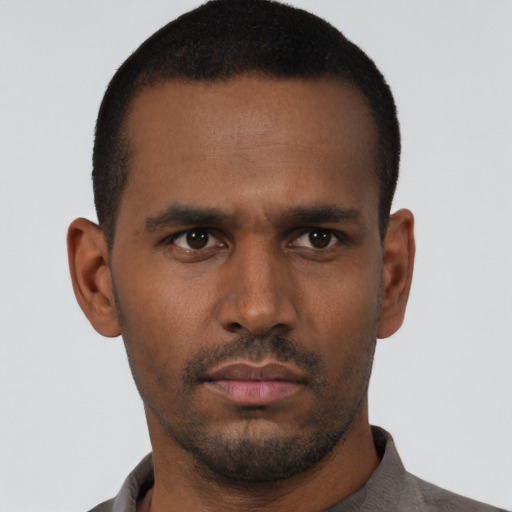 Neutral black young-adult male with short  black hair and brown eyes