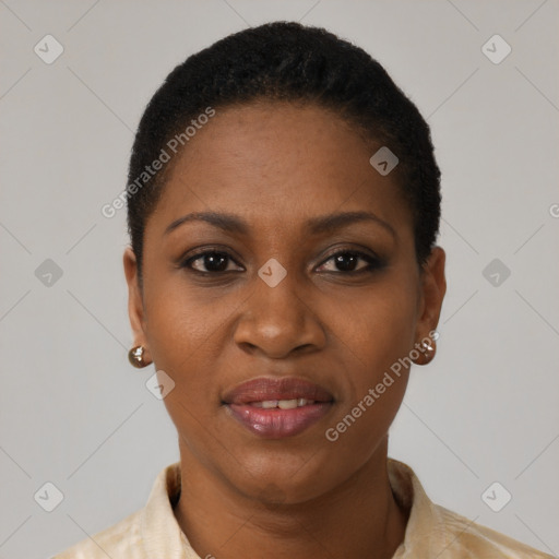 Joyful black young-adult female with short  brown hair and brown eyes