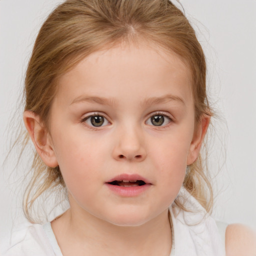 Neutral white child female with medium  brown hair and blue eyes