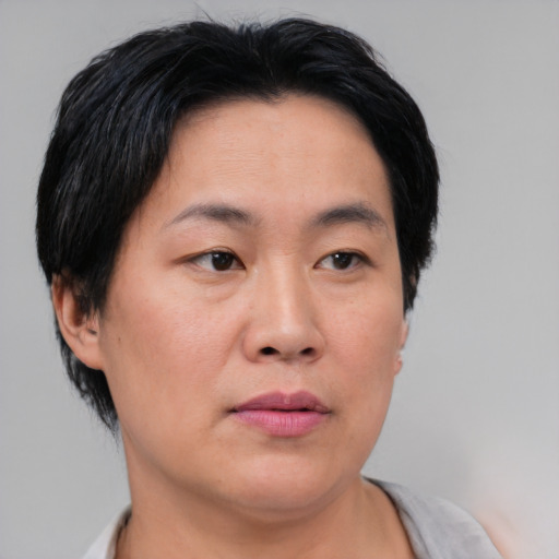 Neutral asian adult female with short  black hair and brown eyes