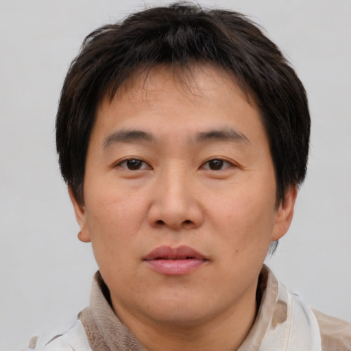 Neutral asian young-adult male with short  brown hair and brown eyes