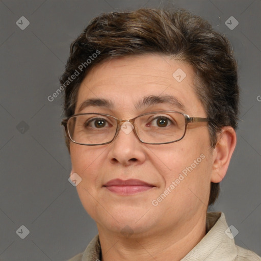 Joyful white adult female with short  brown hair and brown eyes