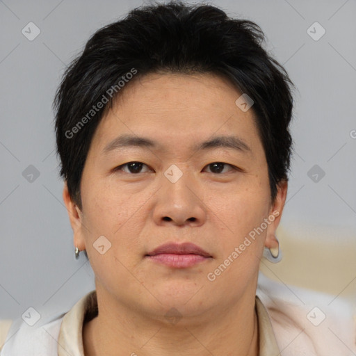 Neutral asian young-adult male with short  brown hair and brown eyes