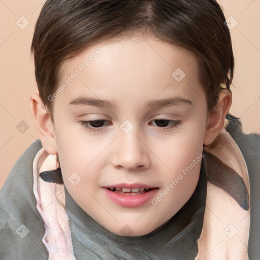 Joyful white child female with medium  brown hair and brown eyes