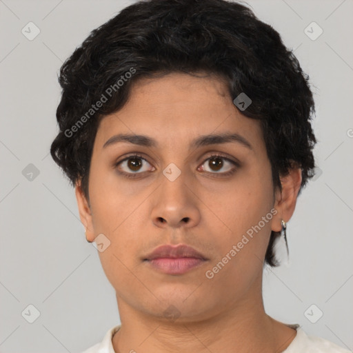 Neutral asian young-adult female with short  brown hair and brown eyes