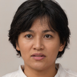 Joyful white adult female with medium  brown hair and brown eyes