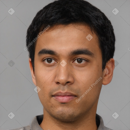 Neutral asian young-adult male with short  black hair and brown eyes