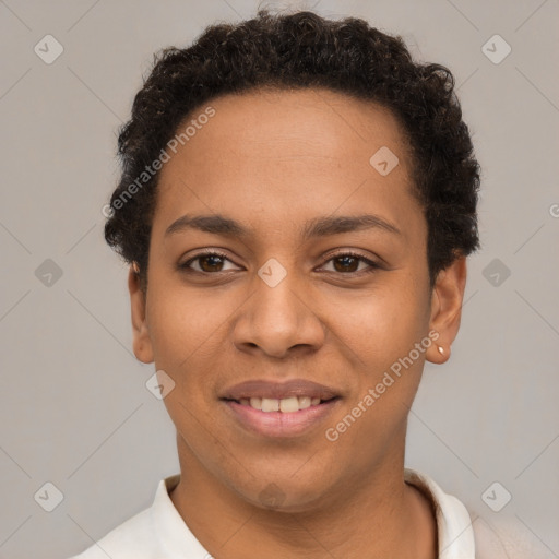 Joyful latino young-adult female with short  brown hair and brown eyes