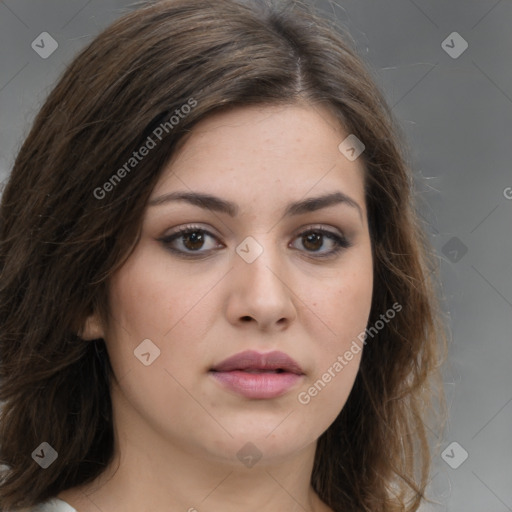 Neutral white young-adult female with medium  brown hair and brown eyes