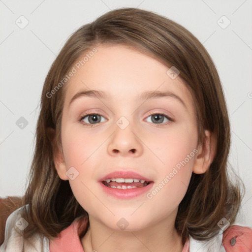 Joyful white child female with medium  brown hair and grey eyes