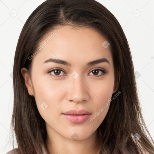 Neutral white young-adult female with long  brown hair and brown eyes