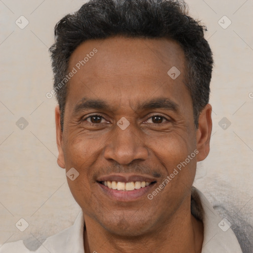 Joyful latino adult male with short  black hair and brown eyes