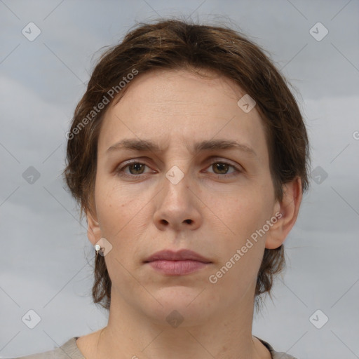 Neutral white young-adult female with short  brown hair and brown eyes