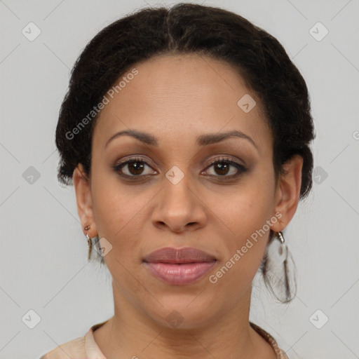 Joyful latino young-adult female with short  brown hair and brown eyes