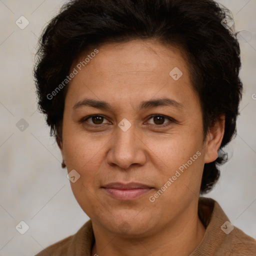 Joyful white adult female with short  brown hair and brown eyes