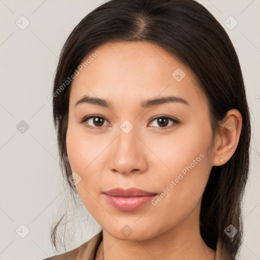 Joyful white young-adult female with medium  brown hair and brown eyes