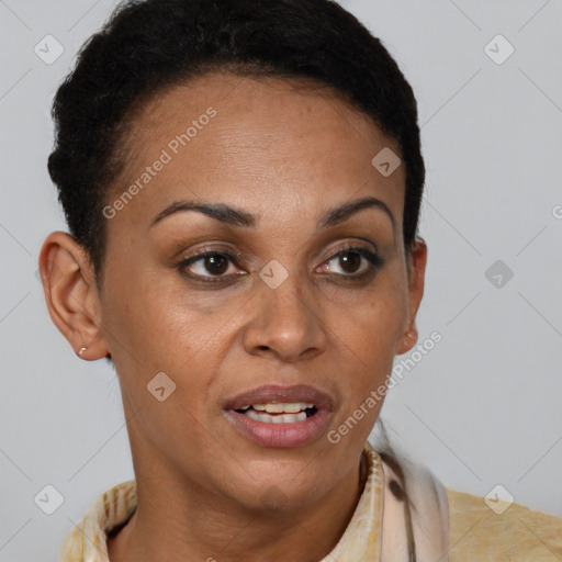 Joyful latino young-adult female with short  brown hair and brown eyes