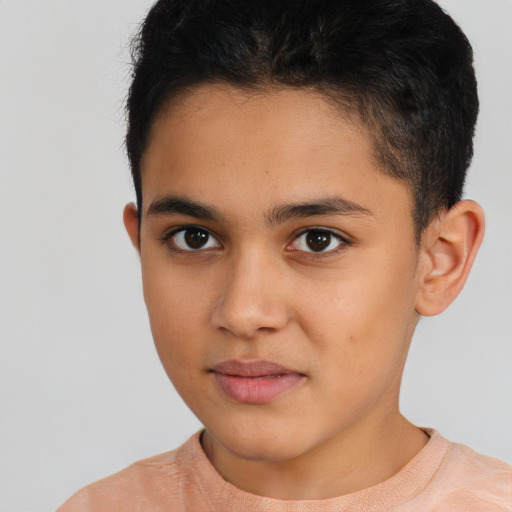 Joyful latino child male with short  brown hair and brown eyes