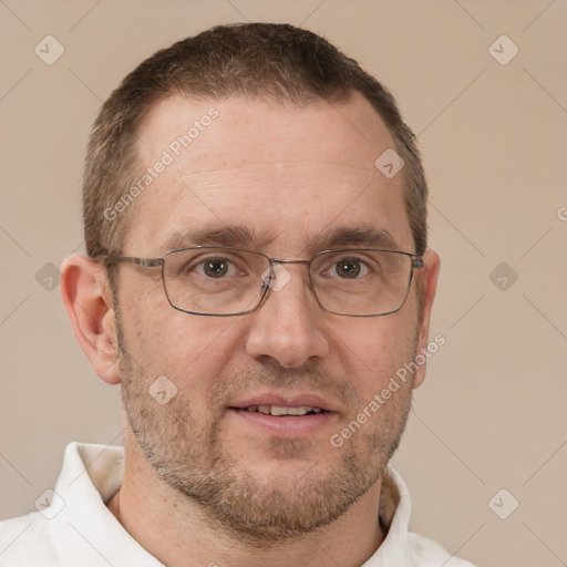 Joyful white adult male with short  brown hair and brown eyes