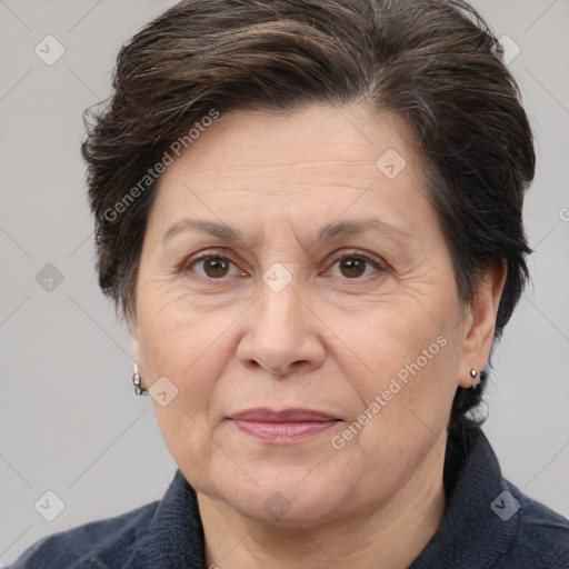 Joyful white middle-aged female with medium  brown hair and brown eyes