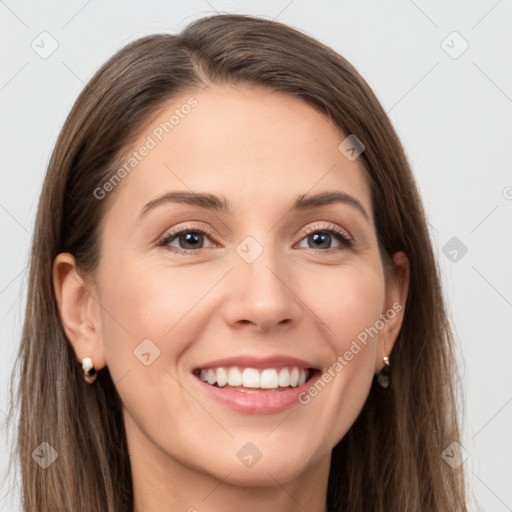 Joyful white young-adult female with long  brown hair and grey eyes