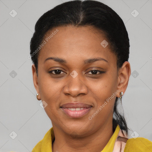 Joyful latino young-adult female with short  brown hair and brown eyes