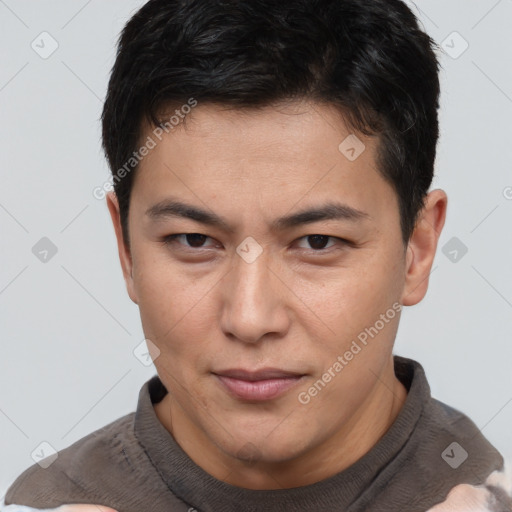 Neutral asian young-adult male with short  brown hair and brown eyes