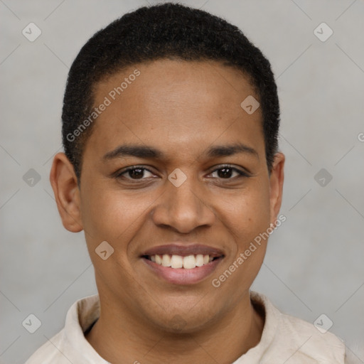 Joyful latino young-adult male with short  brown hair and brown eyes