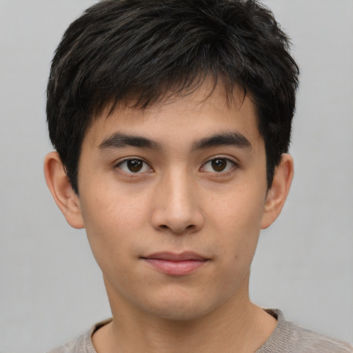 Neutral white young-adult male with short  black hair and brown eyes