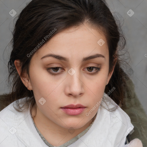 Neutral white young-adult female with medium  brown hair and brown eyes