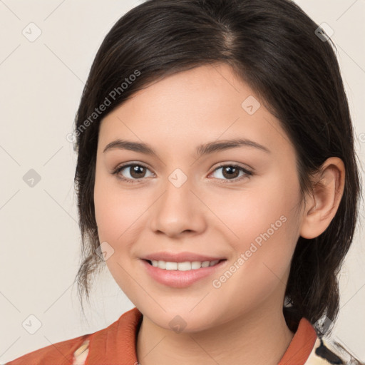 Joyful white young-adult female with medium  brown hair and brown eyes