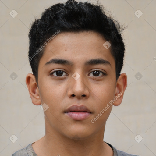 Neutral latino young-adult male with short  brown hair and brown eyes