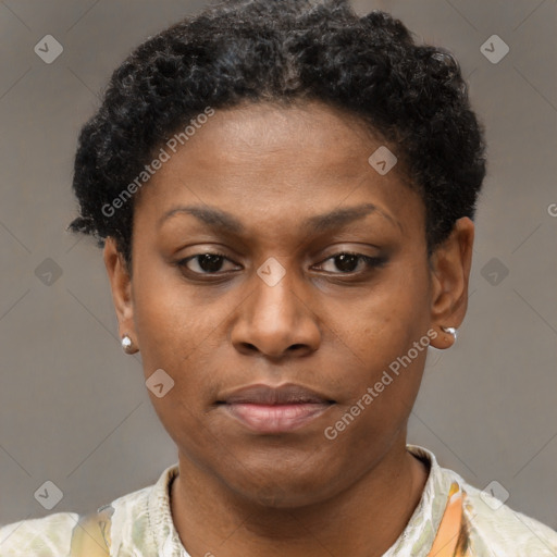 Neutral black young-adult female with short  brown hair and brown eyes