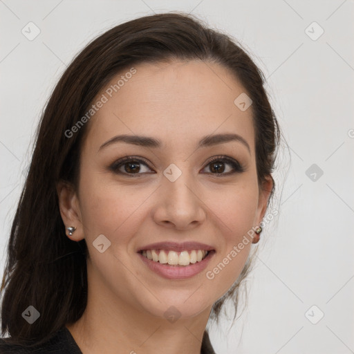 Joyful white young-adult female with long  brown hair and brown eyes