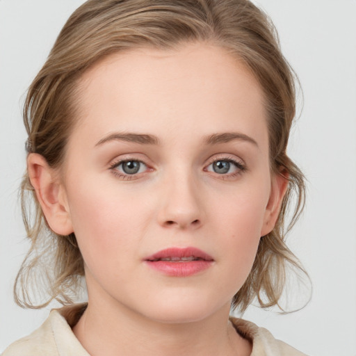 Neutral white young-adult female with medium  brown hair and blue eyes