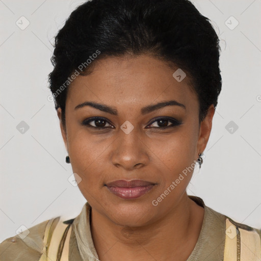 Joyful latino young-adult female with short  black hair and brown eyes