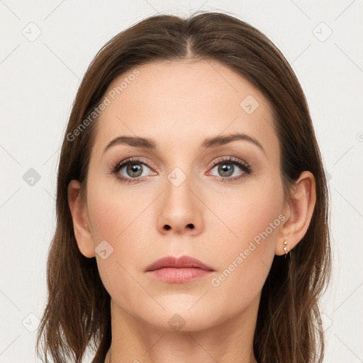 Neutral white young-adult female with long  brown hair and grey eyes